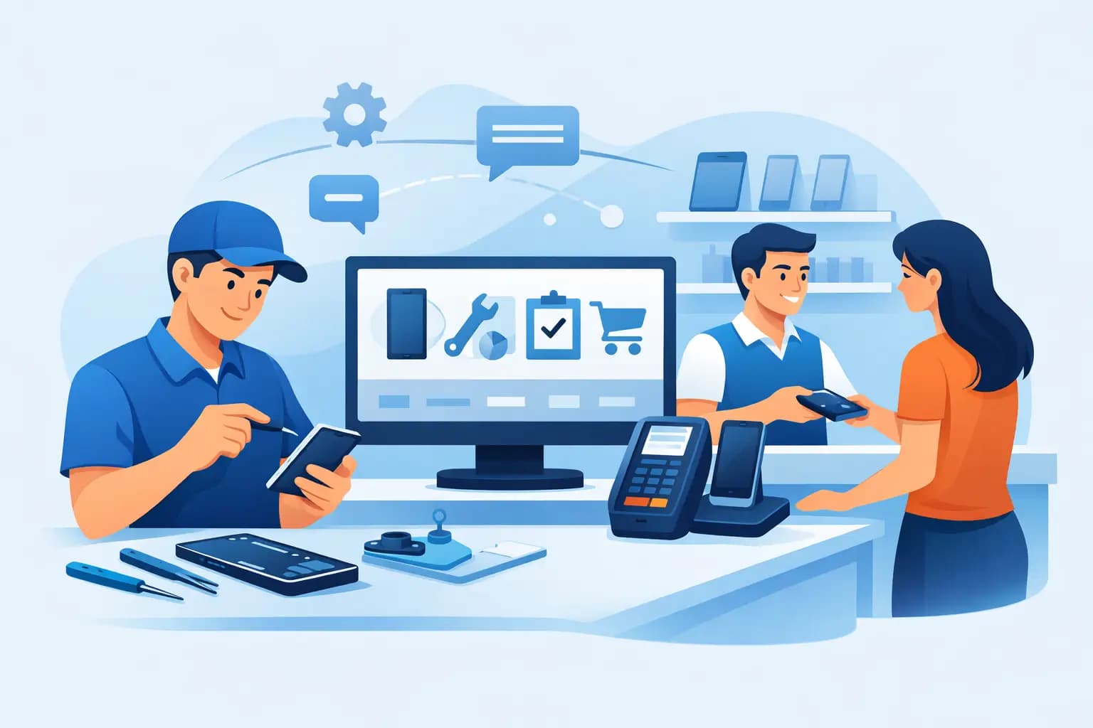 Repair shop counter with technician managing cell phone repair tickets and inventory in organized software system