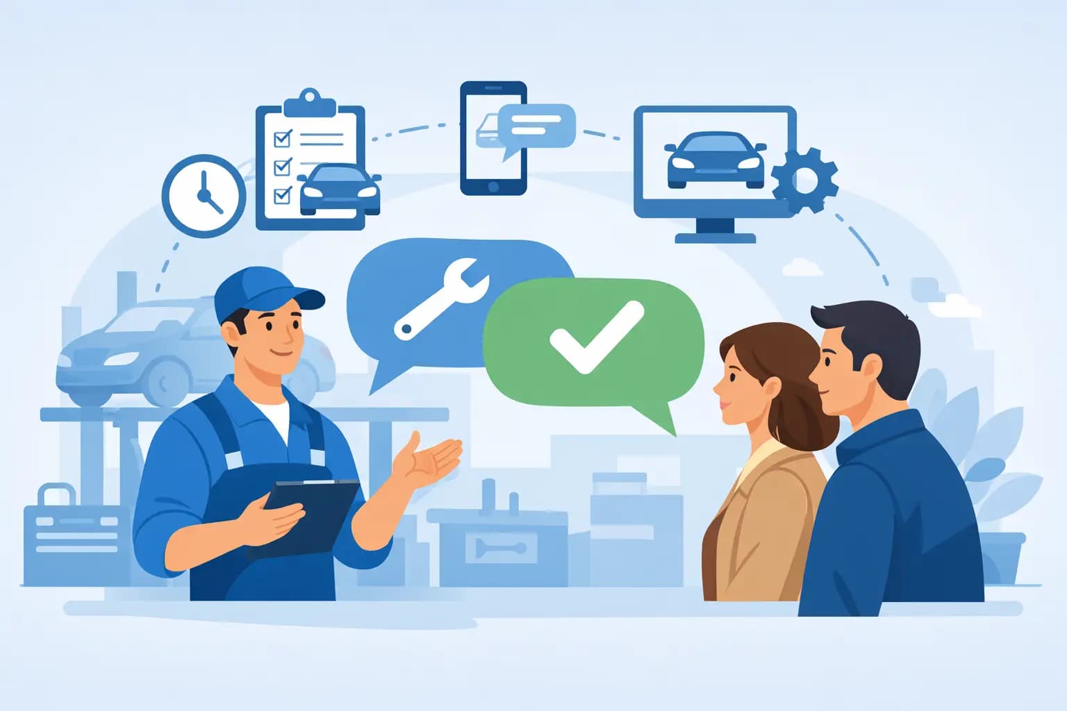 Repair shop team communicating and reviewing repair tickets on a shared system with status updates and customer messages