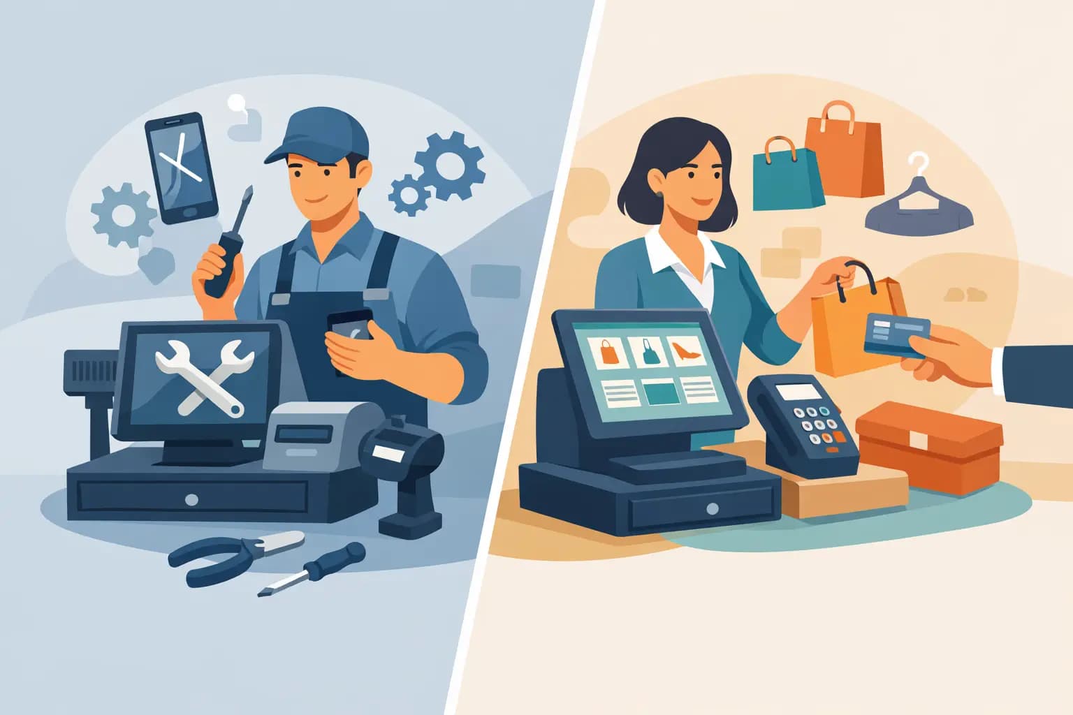 Comparison of repair POS vs retail POS systems showing intake, ticket management, and inventory tracking for repair shops