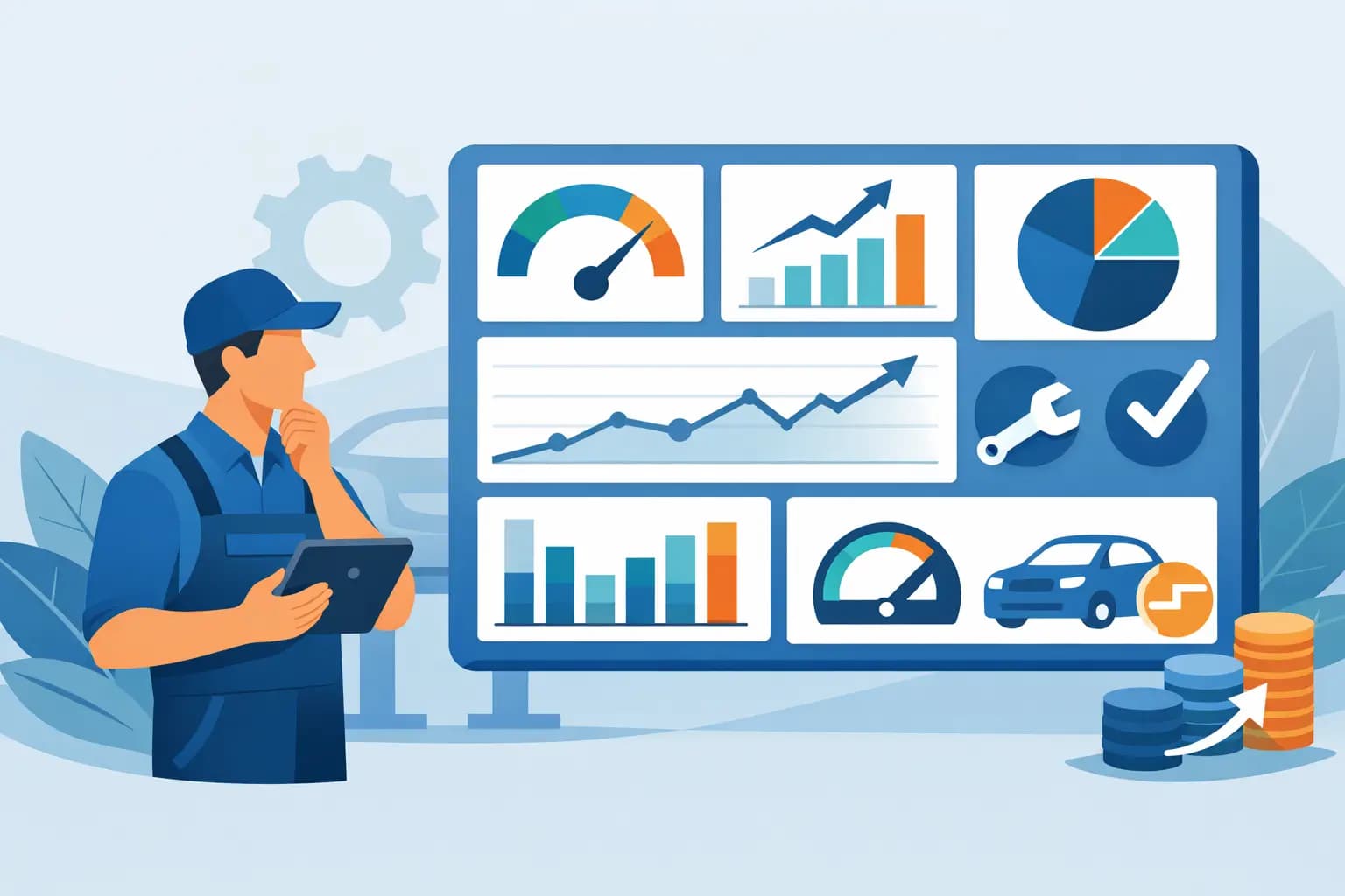 Dashboard showing repair shop KPI metrics including ticket flow, labor recovery, parts margin, and payment collection data
