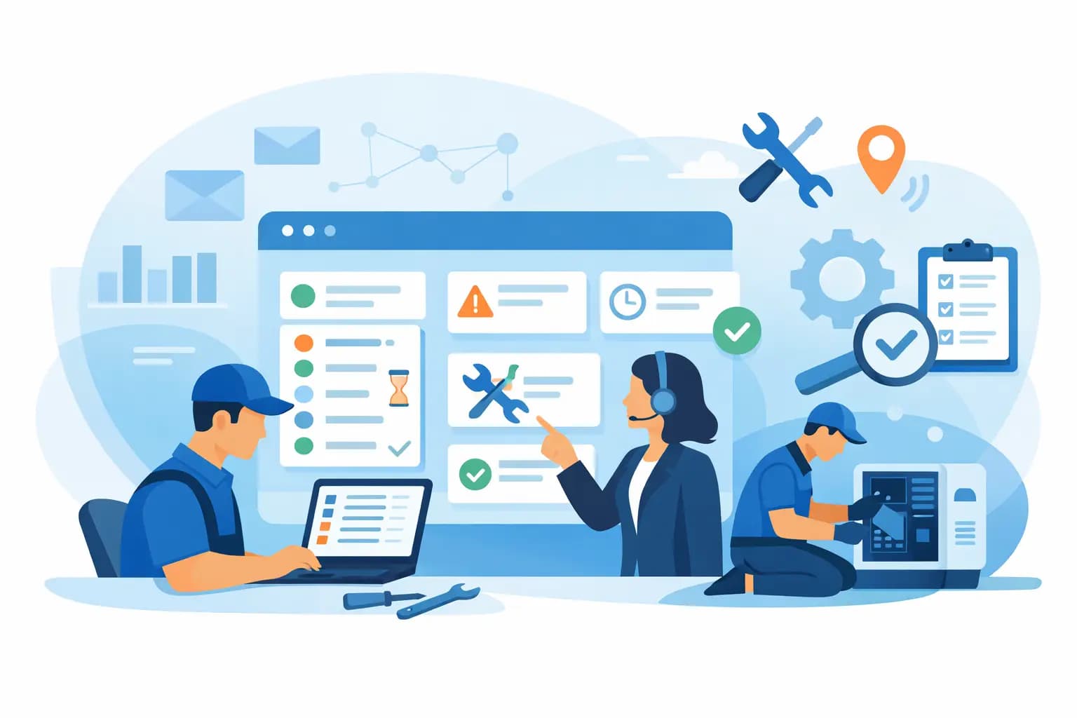 Repair shop team tracking service tickets and job statuses on a shared dashboard