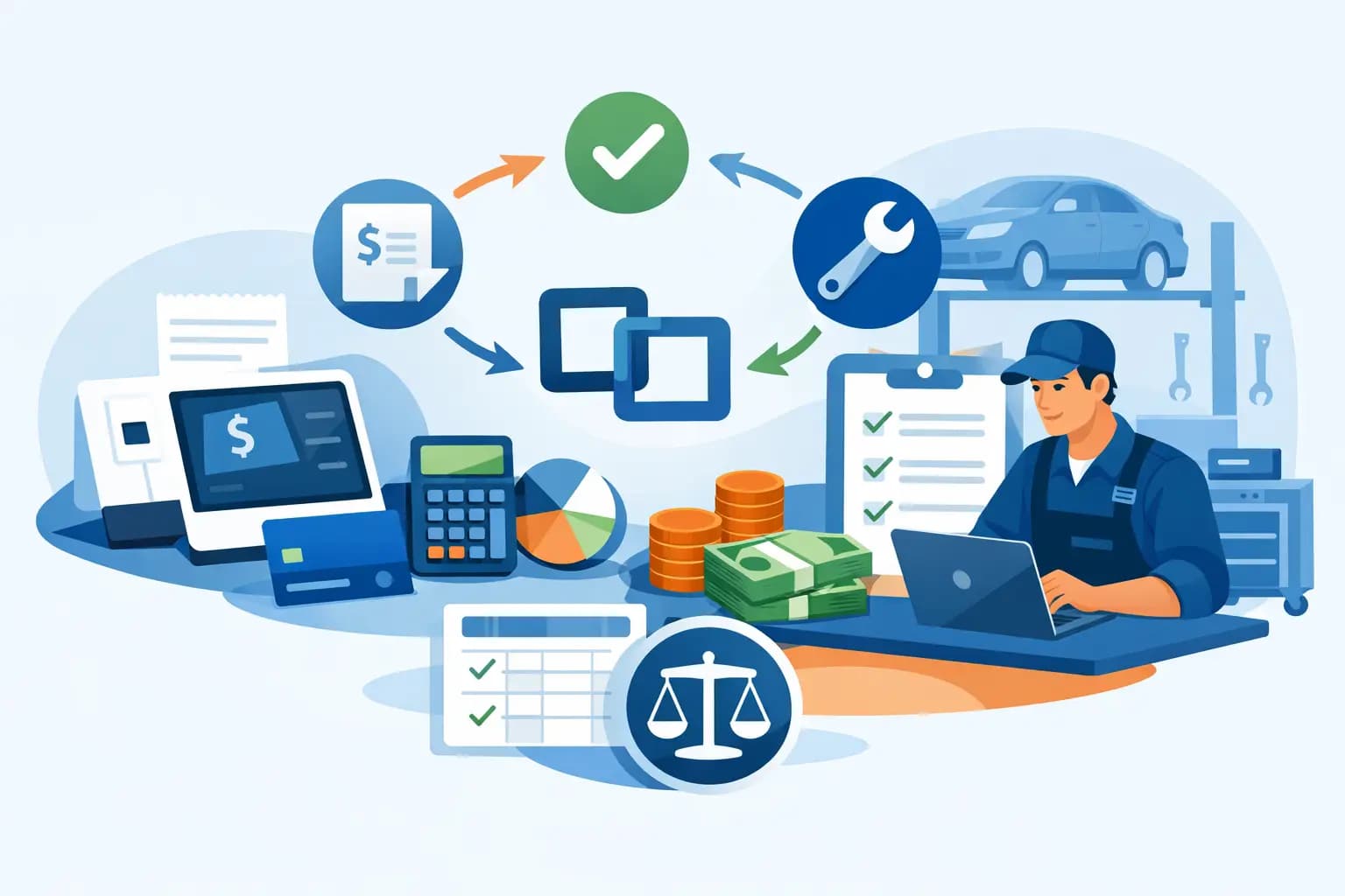 Repair shop manager reconciling Square payments with repair tickets and invoices on a desk