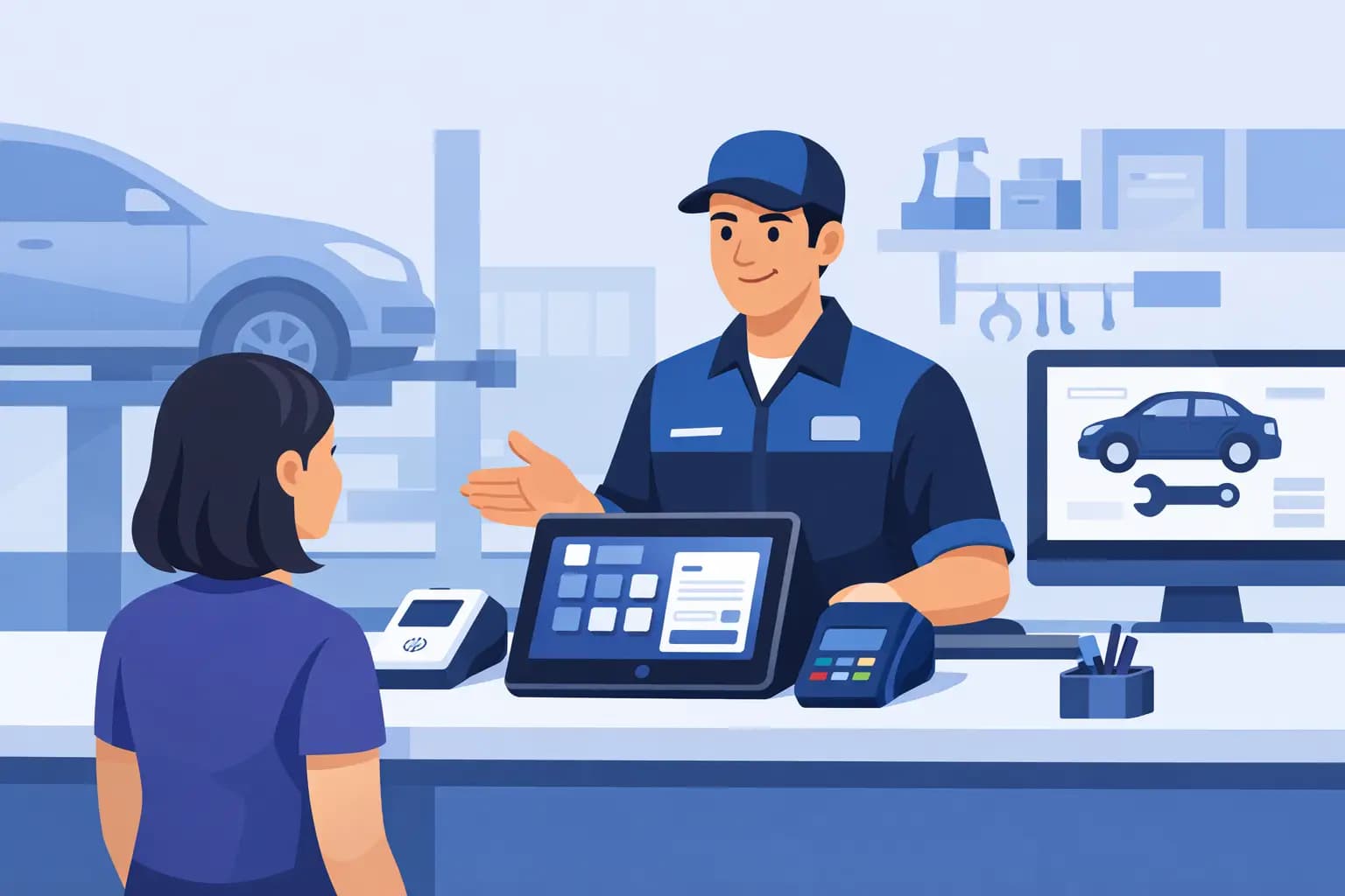 Repair shop POS system displaying ticket management, payment processing, and parts inventory integrated on counter terminal