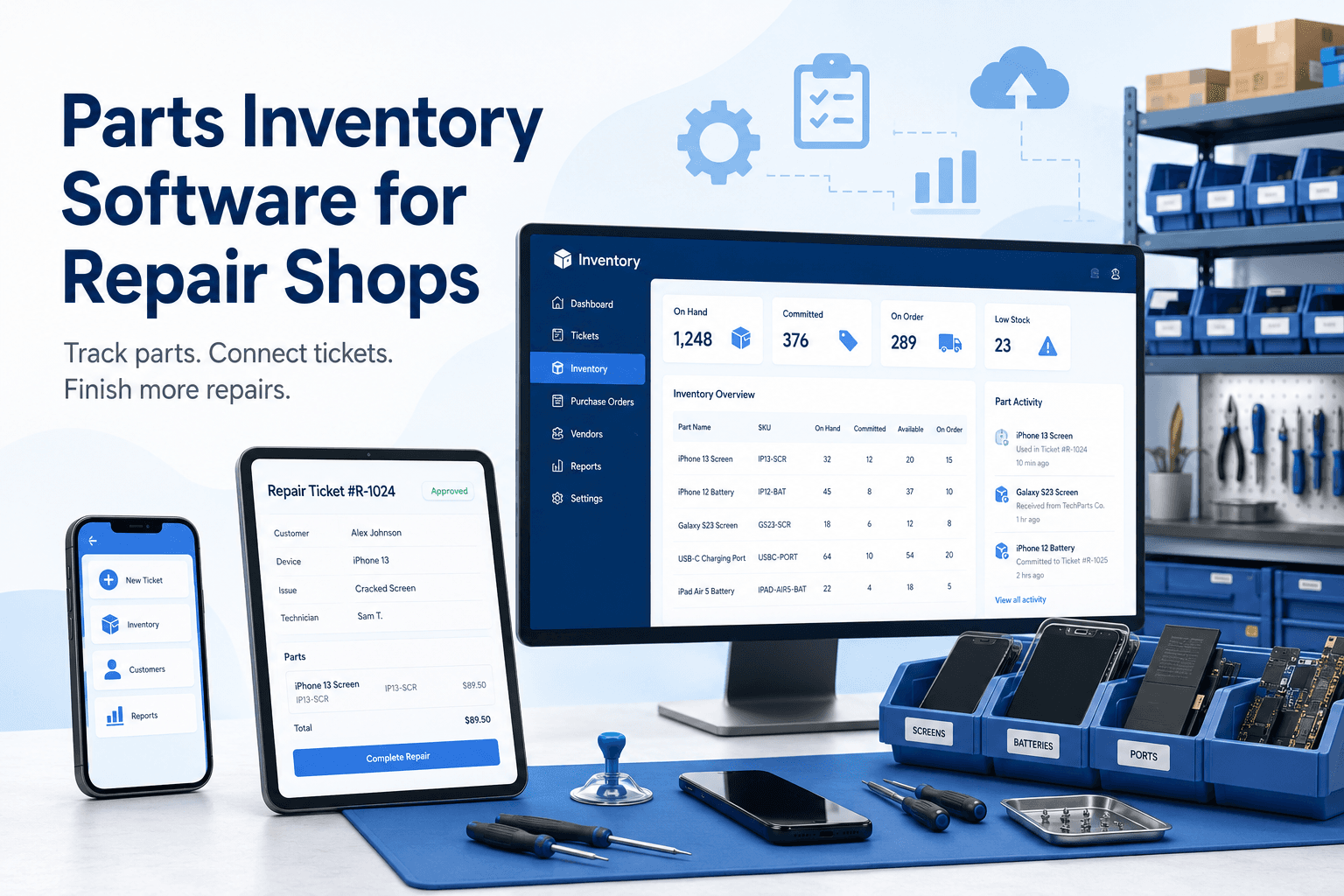 Organized parts inventory system showing available and committed stock quantities for repair shop management