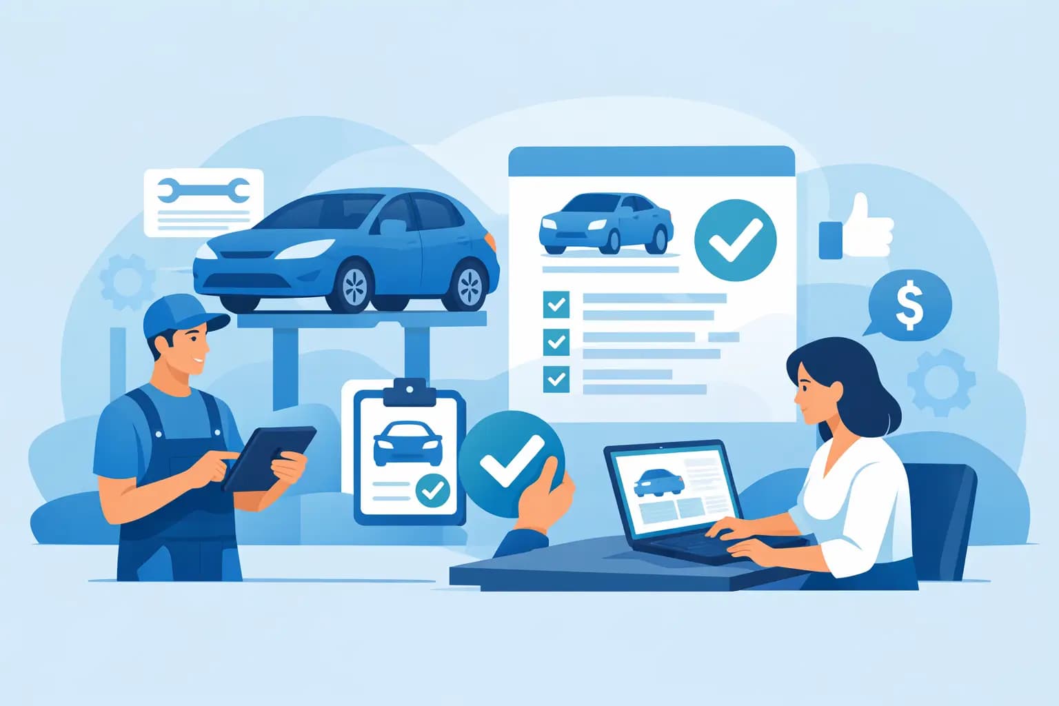 Repair technician and service advisor reviewing an approved vehicle repair estimate