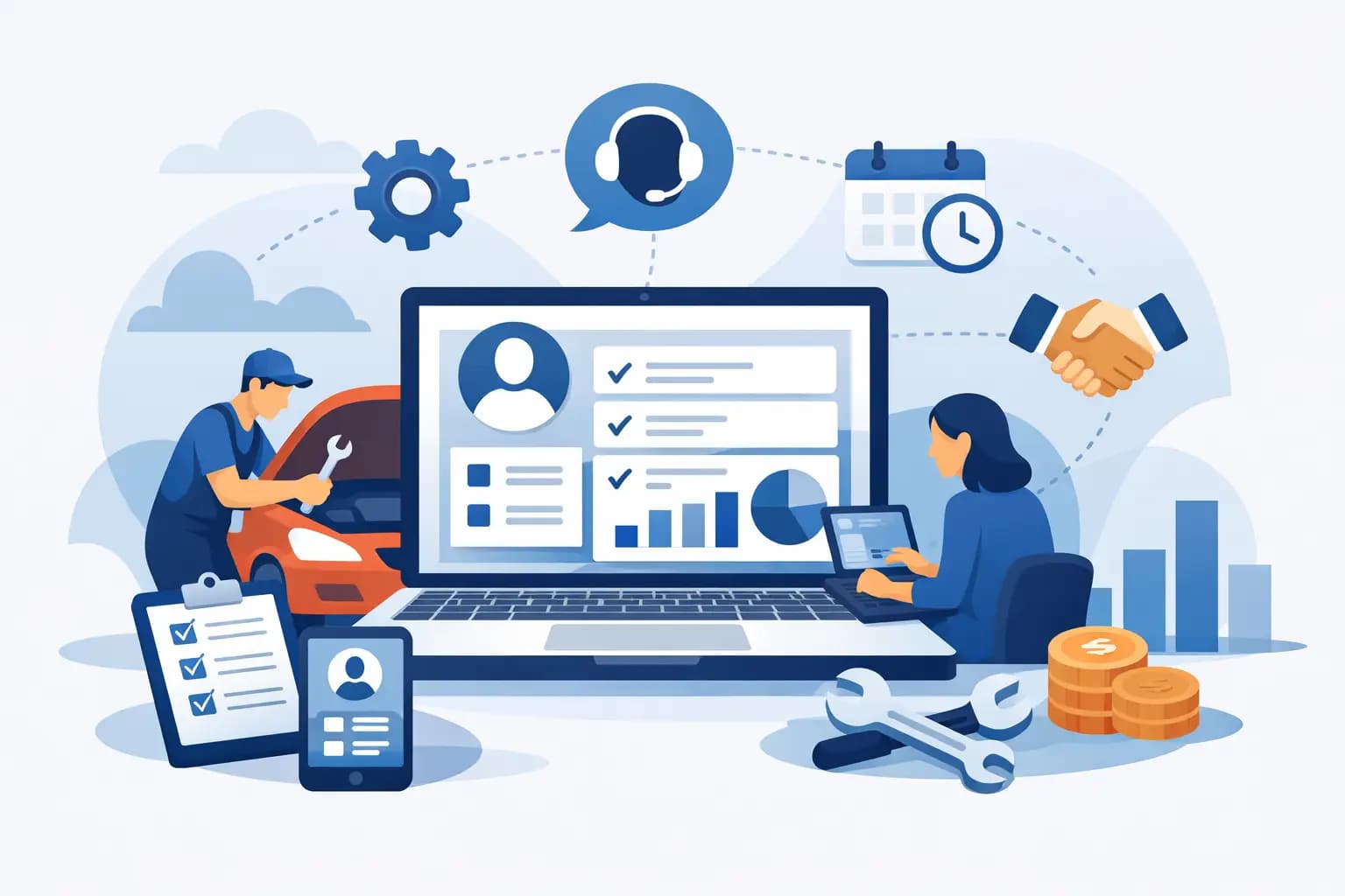Repair shop manager viewing customer tickets, approvals, and work orders in a unified CRM system