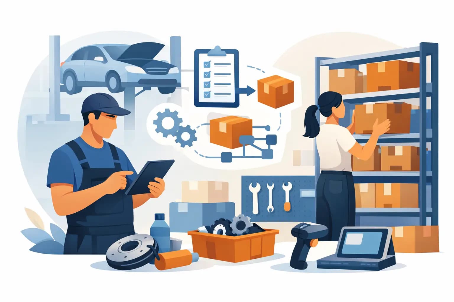 Repair shop staff tracking boxed parts with a tablet and barcode scanner